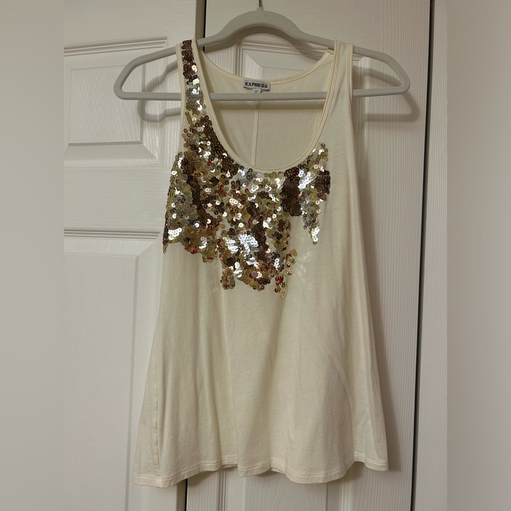 Express Cream Tank Top with Gold Sequins
